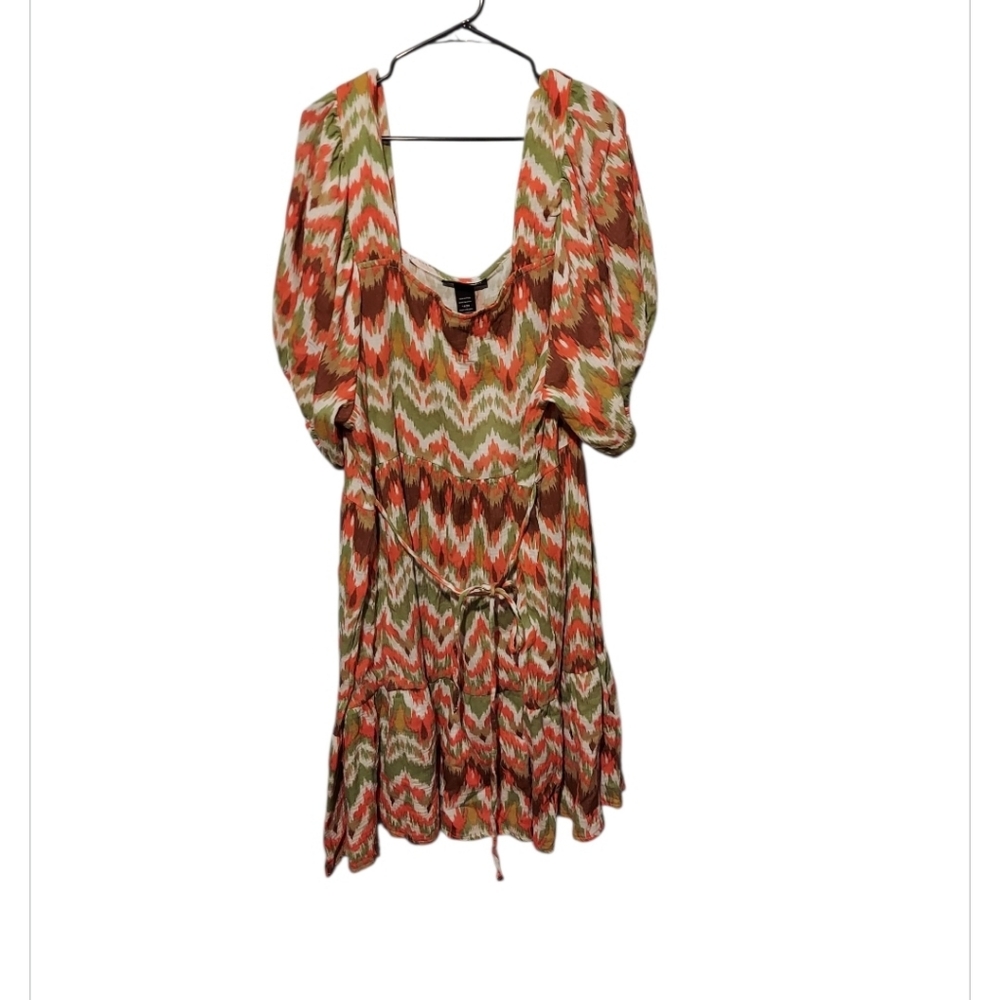 Boho Peasant Printed Milkmaid Dress Sz 18/20 Orange Green Belted Tiered Festival